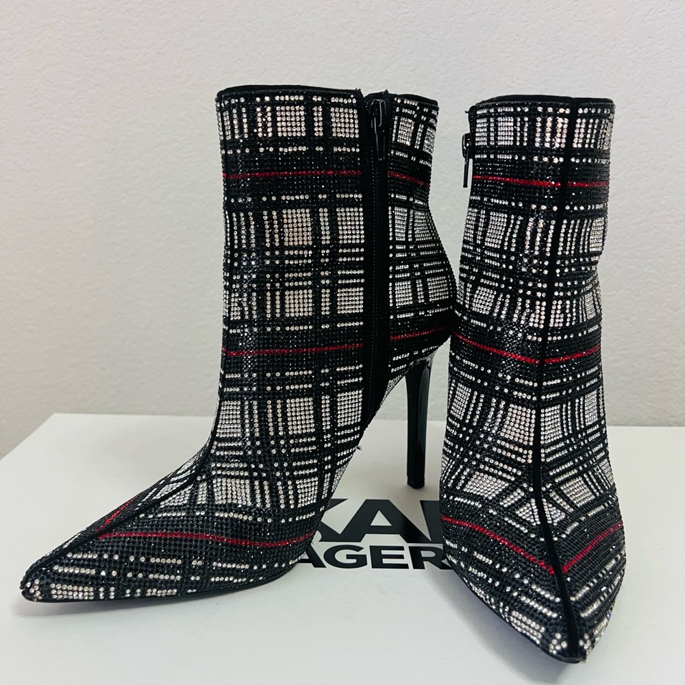 INC International Concepts Black and Red rhinestone Plaid Boots- 8.5